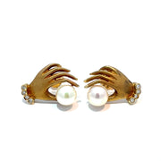 18k Yellow Gold Diamond Hand Holding Pearl Earrings