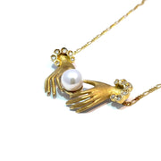 18k Yellow Gold Diamond Hands Holding Pearl Pendant Necklace