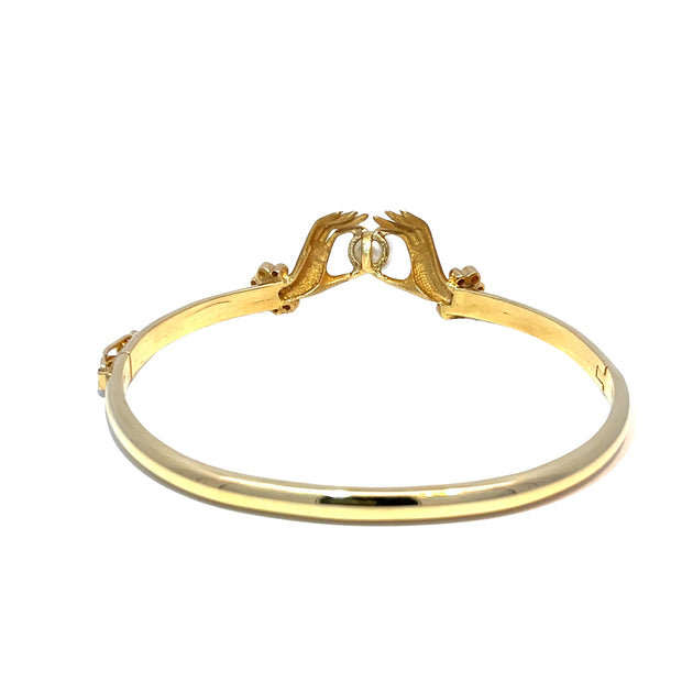 18k Yellow Gold Diamond Hand Holding Pearl Bangle Bracelet