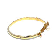 18k Yellow Gold Diamond Hand Holding Pearl Bangle Bracelet