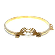 18k Yellow Gold Diamond Hand Holding Pearl Bangle Bracelet
