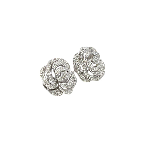 14k White Gold Petal-Layered Diamond Rose Earrings