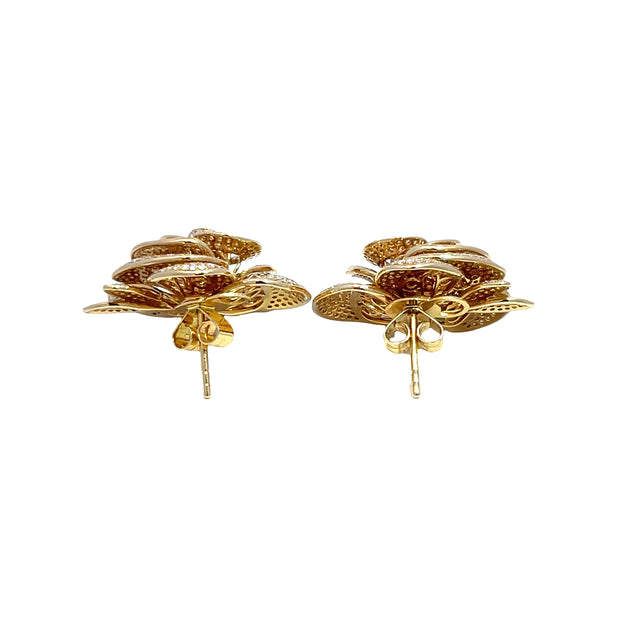 18k Yellow Gold Diamond Rose Flower Earrings – 3D Layered Floral Design