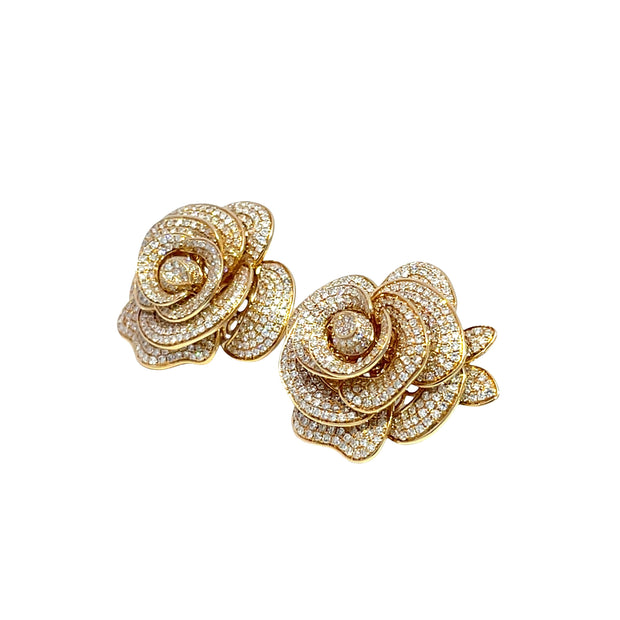 18k Yellow Gold Diamond Rose Flower Earrings – 3D Layered Floral Design