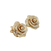 18k Yellow Gold Diamond Rose Flower Earrings – 3D Layered Floral Design
