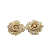18k Yellow Gold Diamond Rose Flower Earrings – 3D Layered Floral Design
