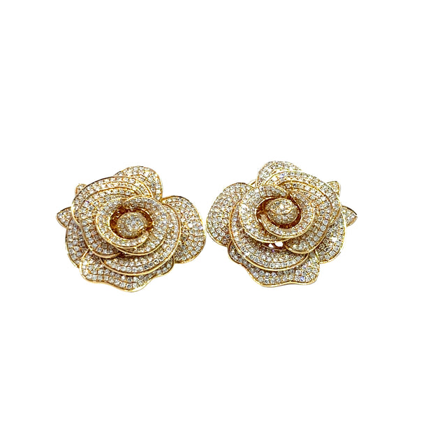 18k Yellow Gold Diamond Rose Flower Earrings – 3D Layered Floral Design