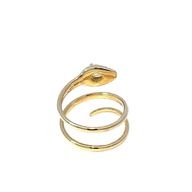18k Yellow Gold Snake Ring with Pear Diamond In Swirl Crown Design
