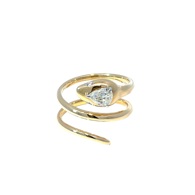 18k Yellow Gold Snake Ring with Pear Diamond In Swirl Crown Design