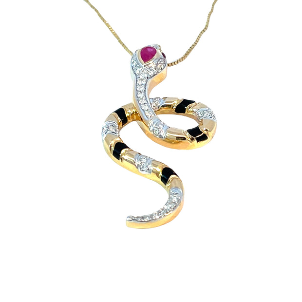 18k Yellow Gold Diamond & Ruby Snake Pendant – Black Striped