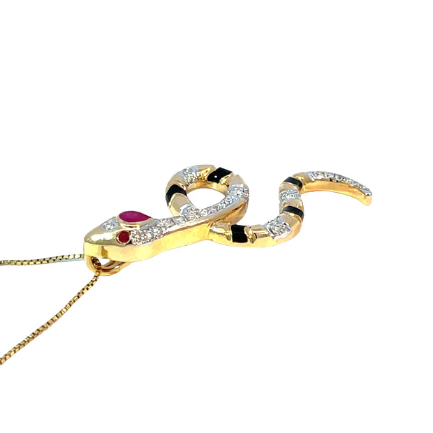 18k Yellow Gold Diamond & Ruby Snake Pendant – Black Striped