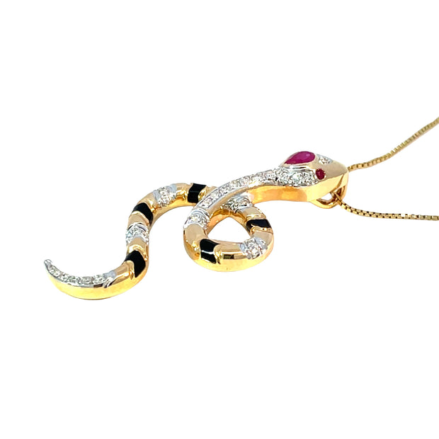 18k Yellow Gold Diamond & Ruby Snake Pendant – Black Striped