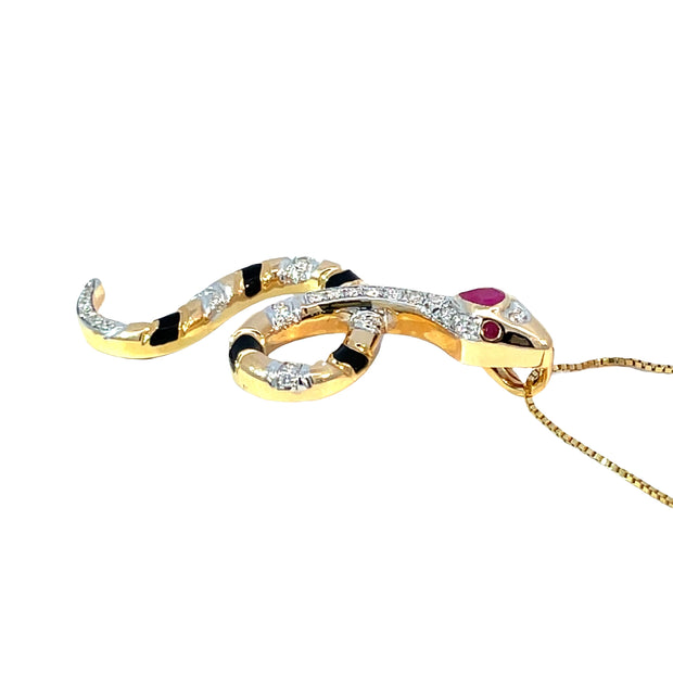 18k Yellow Gold Diamond & Ruby Snake Pendant – Black Striped
