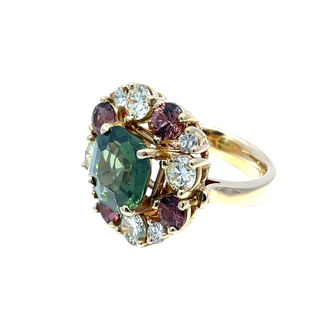 GIA-Certified Tourmaline, Diamond & Garnet Ring in 18K Yellow Gold