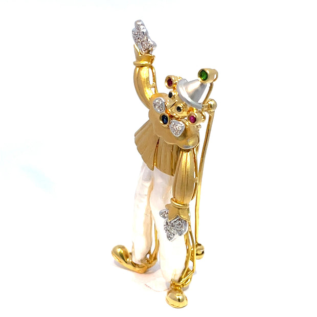 YVEL Pearl and Multi gemstone Clown Brooch in 18K Yellow Gold and White Gold