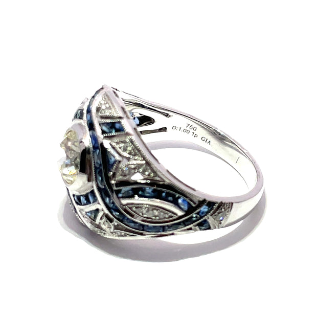 GIA Certified 1 Carat Diamond & Blue Sapphire Ring in 18k White Gold