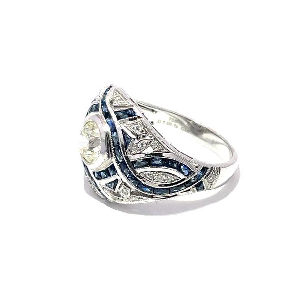 GIA Certified 1 Carat Diamond & Blue Sapphire Ring in 18k White Gold