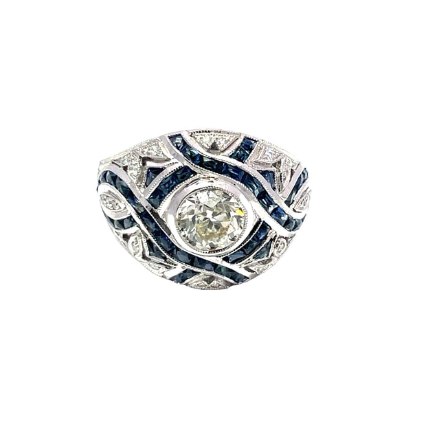GIA Certified 1 Carat Diamond & Blue Sapphire Ring in 18k White Gold