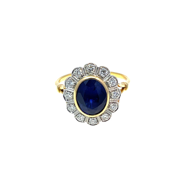 18k Yellow Gold 2.16 Carat Blue Sapphire & Diamond Ring