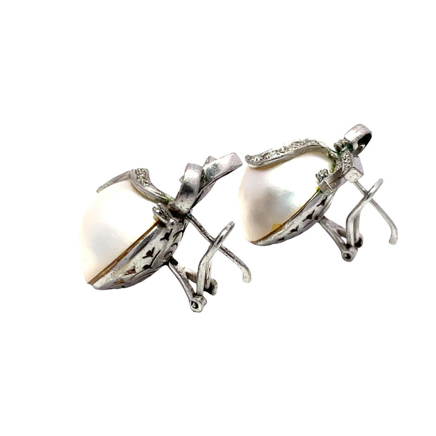 Silver Diamond & Large Pearl Earrings