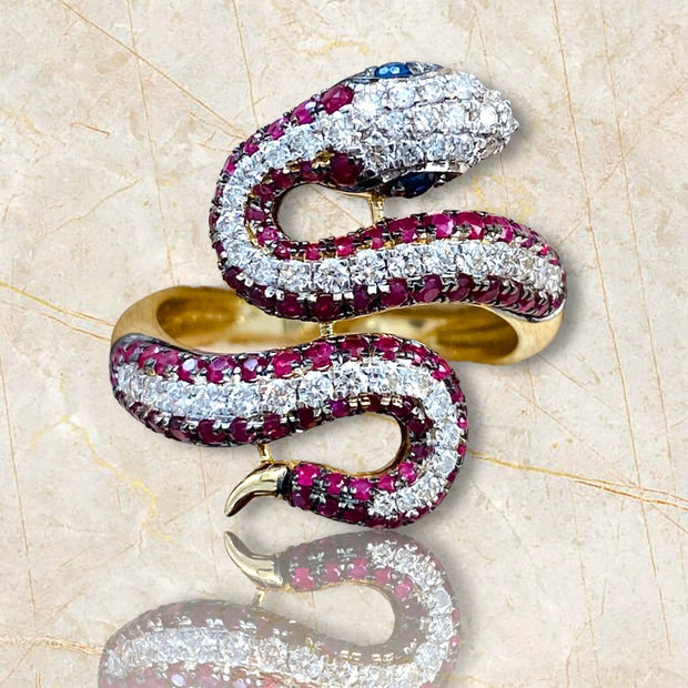 Vintage Ruby Diamond Snake Ring in 14K