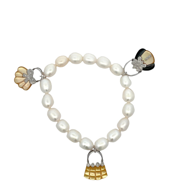 14k White Gold Shell, Mother of Pearl & Onyx Bag Charm Pearl Bracelet