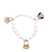 14k White Gold Shell, Mother of Pearl & Onyx Bag Charm Pearl Bracelet
