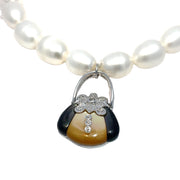 14k White Gold Shell, Mother of Pearl & Onyx Bag Charm Pearl Bracelet