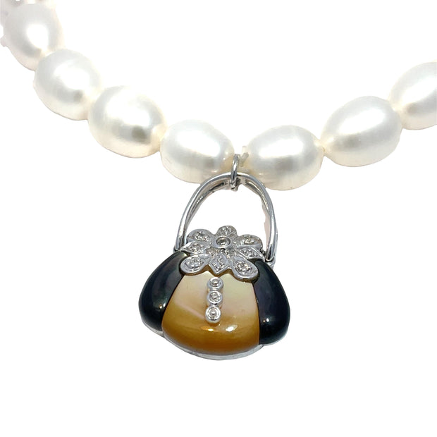 14k White Gold Shell, Mother of Pearl & Onyx Bag Charm Pearl Bracelet
