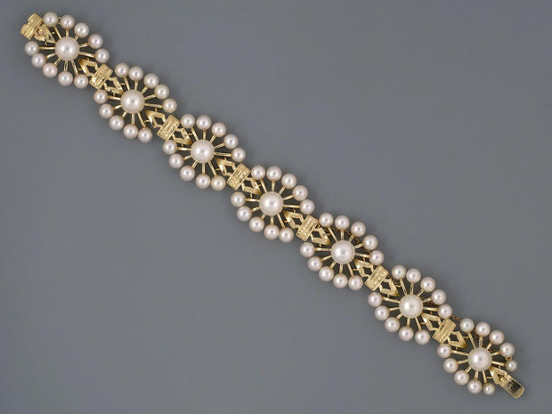 Mikimoto Yellow Gold 7 Floral Pearl Section links Bracelet