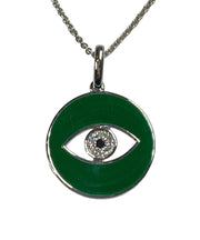 14k white Gold Hunter Green Enamel Eye Of God Natural Diamond Necklace