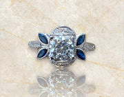 1 Carat Art Deco Style Sapphire Diamond Ring in 18K