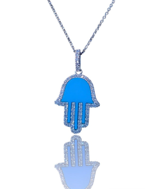 14K Turquoise Natural Diamond Hamsa Necklace
