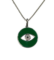14k white Gold Hunter Green Enamel Eye Of God Natural Diamond Necklace