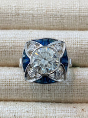 2.50 Carat Art Deco Style Sapphire Diamond Ring in 18K