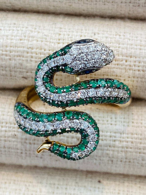 Vintage Emerald Diamond Snake Ring in 14K