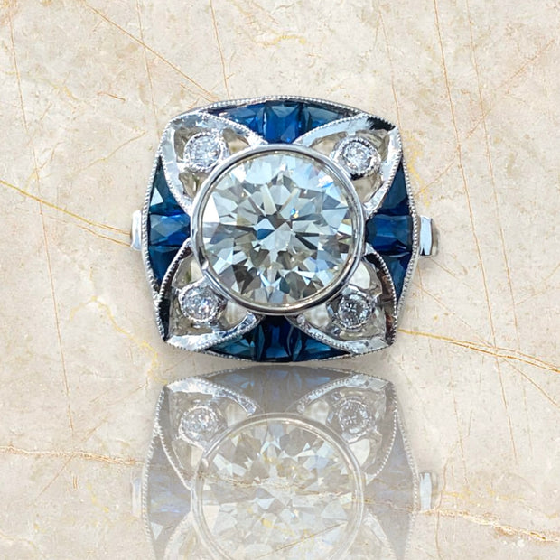 2.50 Carat Art Deco Style Sapphire Diamond Ring in 18K