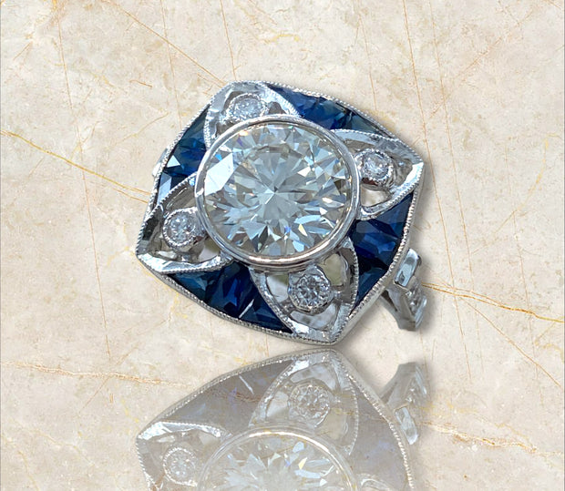 2.50 Carat Art Deco Style Sapphire Diamond Ring in 18K