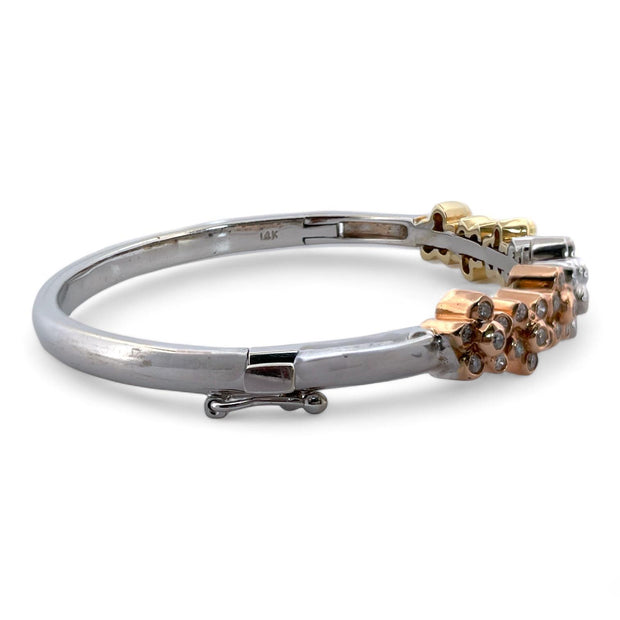 14K White Gold Multicolor Flower Bangle with 1 Carat Diamonds