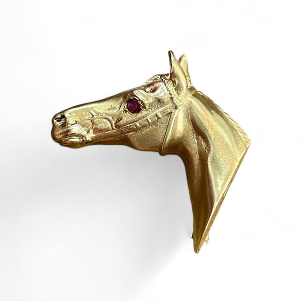 Regal Gold Horse Head Cufflink & Brooch Set with Ruby Eyes