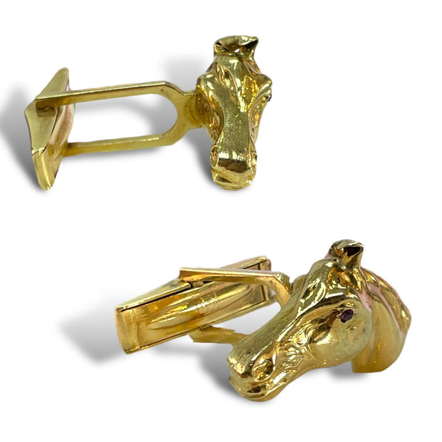 Regal Gold Horse Head Cufflink & Brooch Set with Ruby Eyes