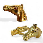 Regal Gold Horse Head Cufflink & Brooch Set with Ruby Eyes