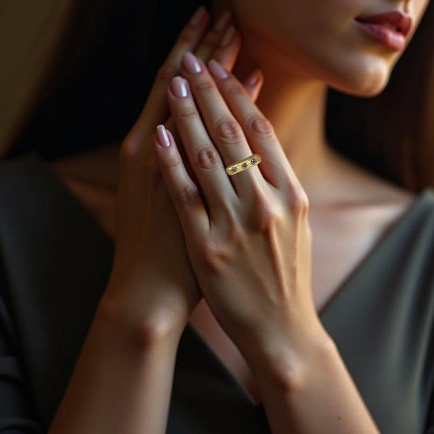 Stackable Yellow Gold Band with Triple Diamond Accents