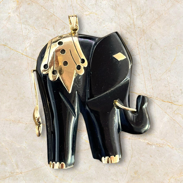 Vintage Onyx and Gold Elephant Pendant