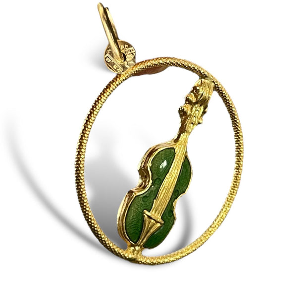 Ornate 14K Gold Guitar Pendant with Rich Green Enamel