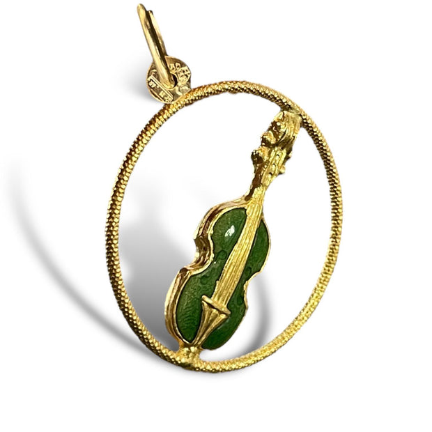 Ornate 14K Gold Guitar Pendant with Rich Green Enamel