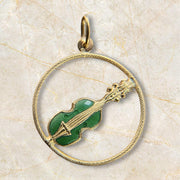 Ornate 14K Gold Guitar Pendant with Rich Green Enamel