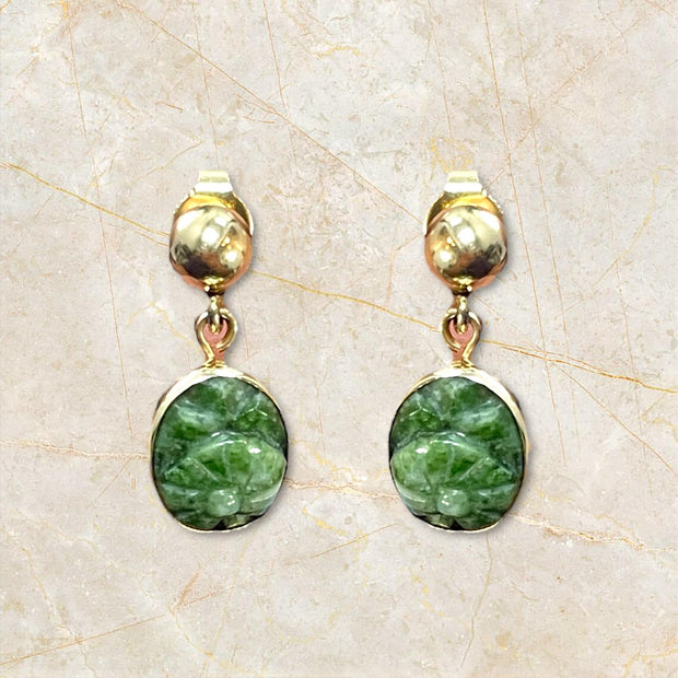 Elegant Carved Jade Gold Dangle Earrings