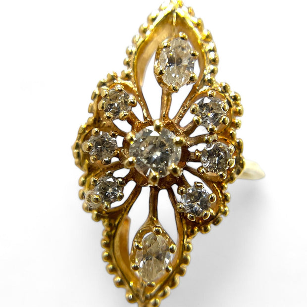 Exquisite Antique 14K Gold Marquise Ring with Diamond Floral Design