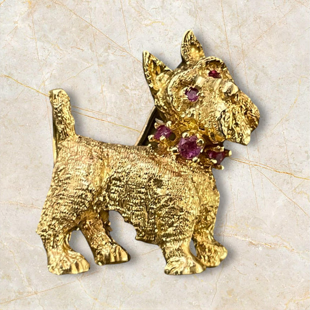 Elegant Gold Terrier Pendant-Brooch Ruby Collar